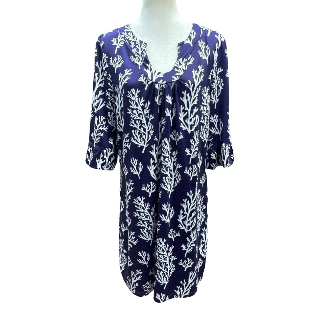 Top it Off Navy Coral Tunic Dress L Cover Up Resort Poolside Coastal Style - Picture 2 of 8